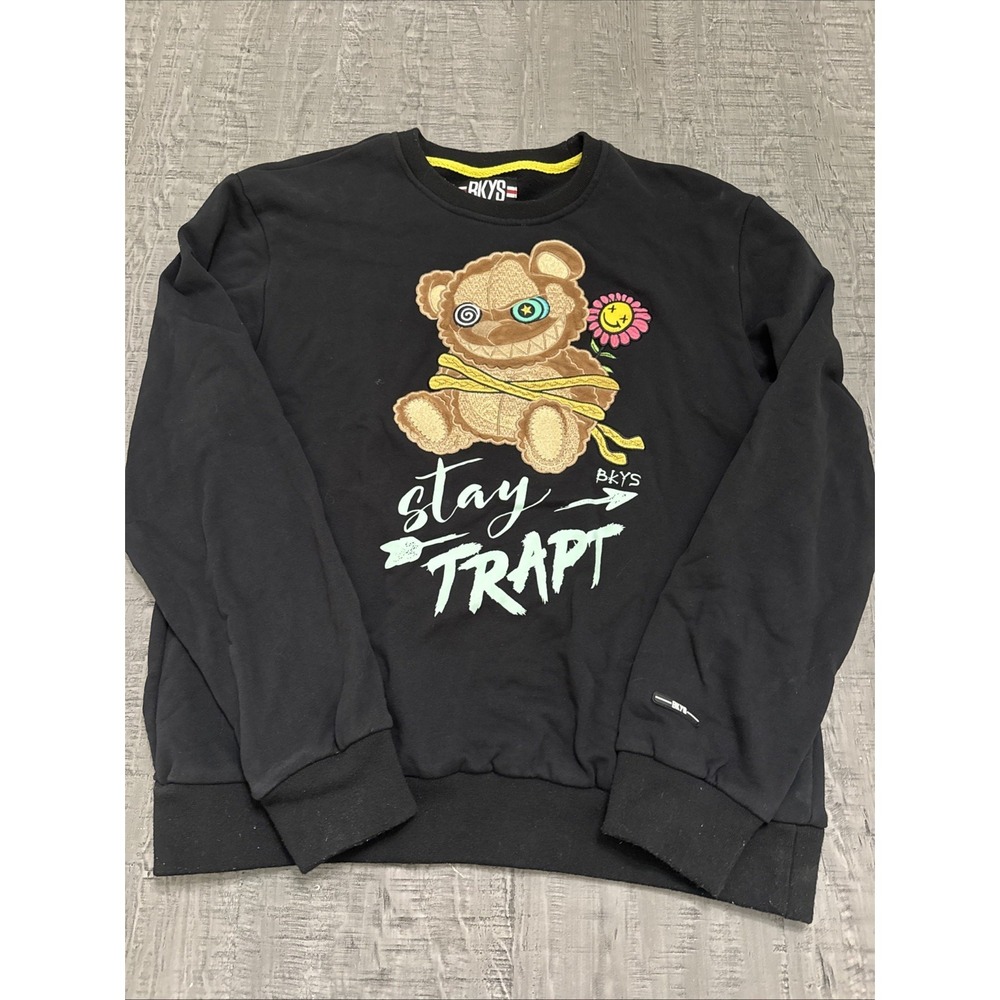 BKYS Mens Stay Trapt Teddy Bear Graphic Sweatshirt Black Large Cotton Crew Neck‎